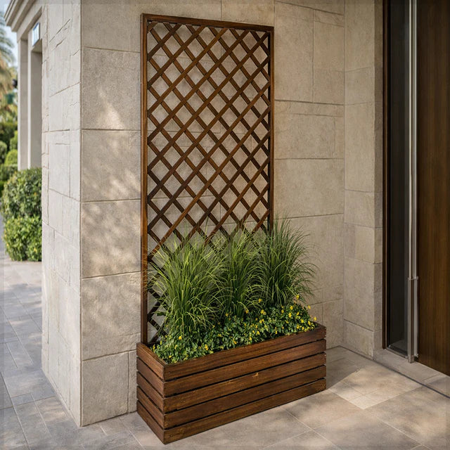Fence Pot Stand with Planter Box – Natural Wood Fence Mounted Planter (90cm x 180cm)