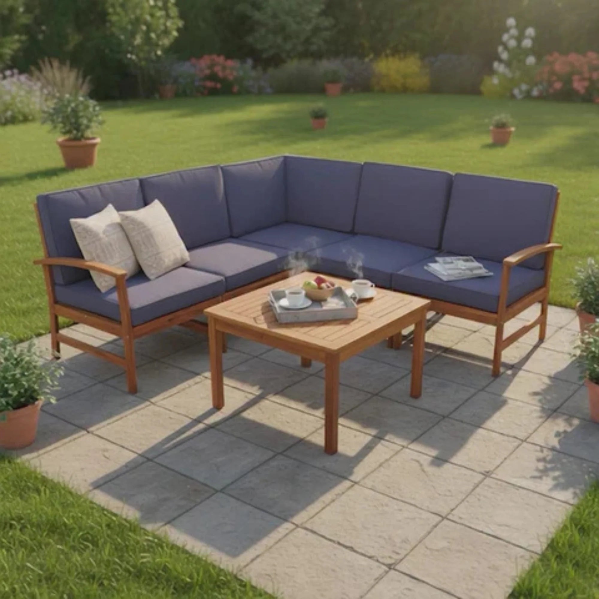 Modern Sectional Sofa Set — Acacia Wood & All-Weather Cushions